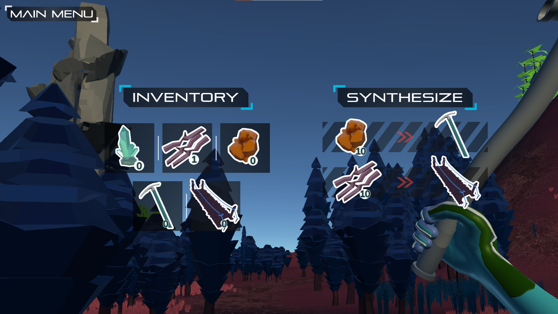 The inventory menu, with the players currently held items on one half of the screen, and unlocked craftable items on the other.