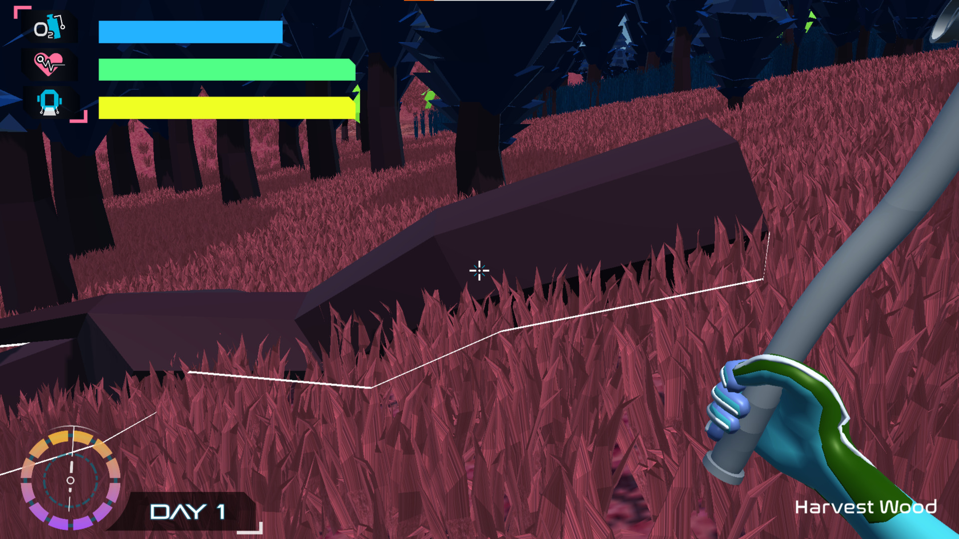 The player is holding a bent pipe, an early weapon, while looking at a fallen log they can harvest wood from. They have UI elements indicating oxygen, player health, ship health, and the in-game time.