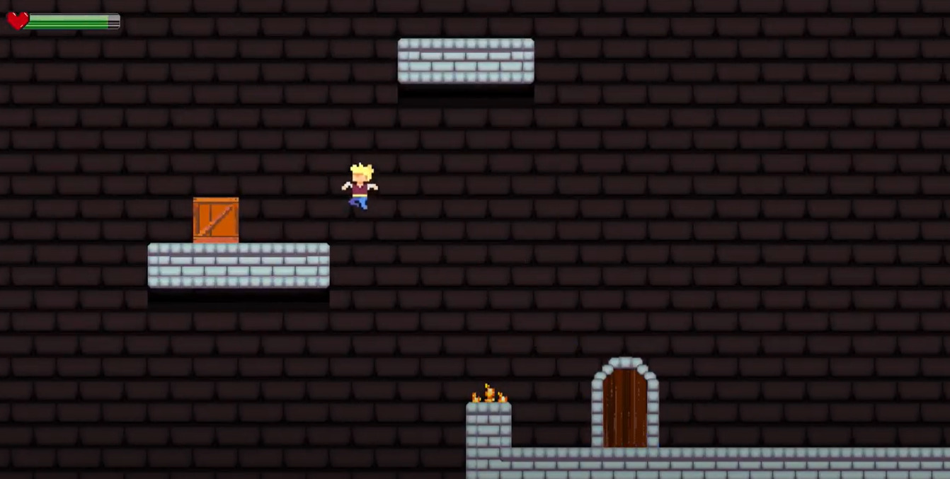 A screenshot of a 2D platformer, the character is in mid-air jumping towards a platform.