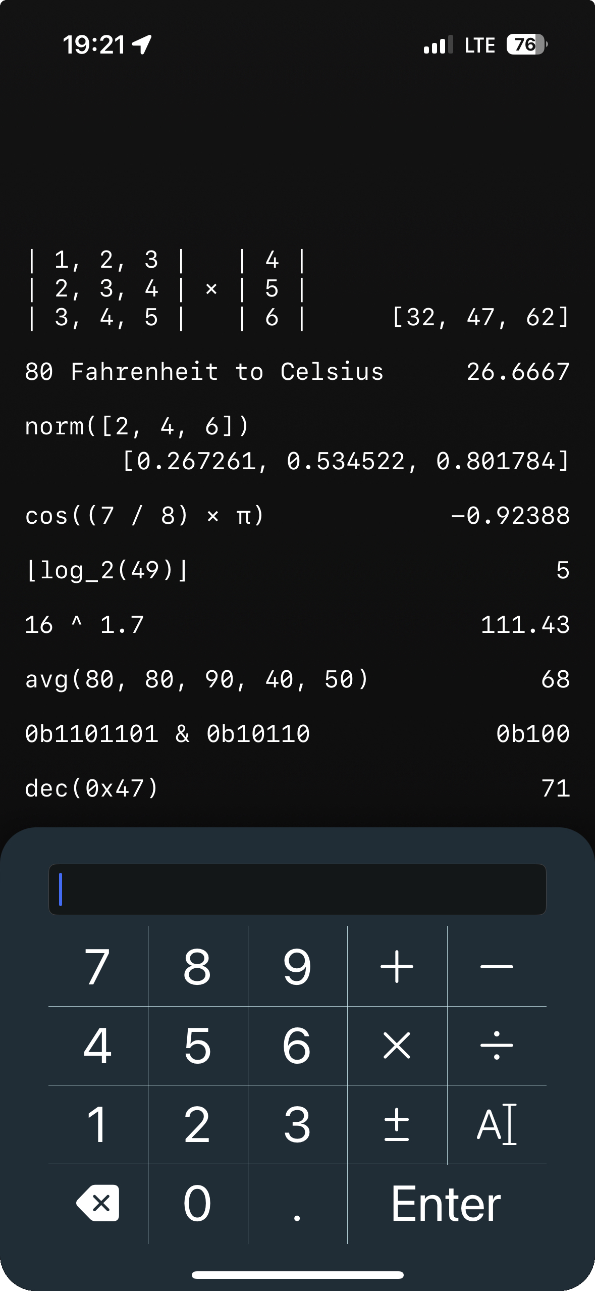 A screenshot of RCalc's iOS port, SwiftRPN.