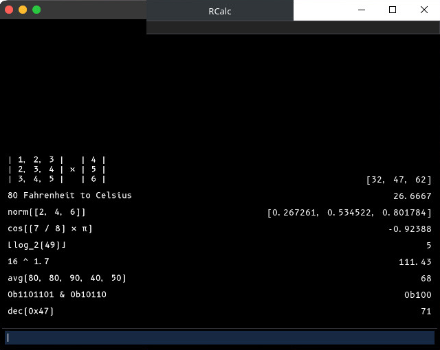 A screenshot of RCalc.