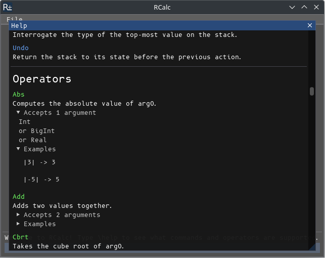A screenshot of RCalc's embedded help text, listing the operators, their accepted parameters, and some example inputs and outputs.