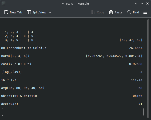 A screenshot of RCalc running text-based in a Linux Terminal