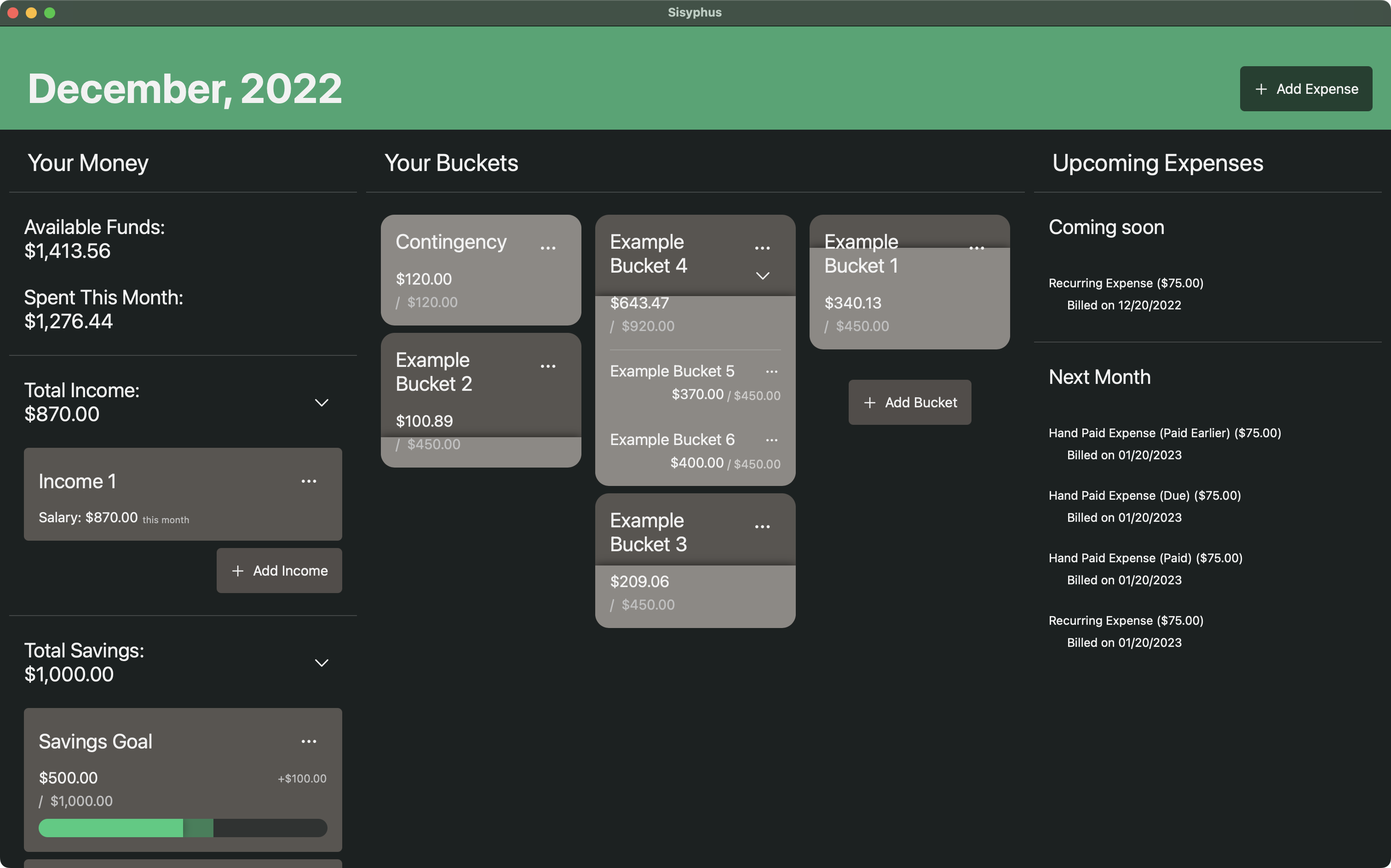 A screenshot of a budgeting app, showing income, savings, 'buckets' to organize spending, and upcoming expenses.