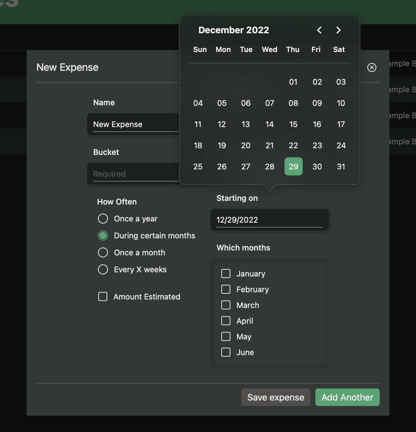 A screenshot of the expense editor, showing a wide variety of options for configuring when an expense repeats.