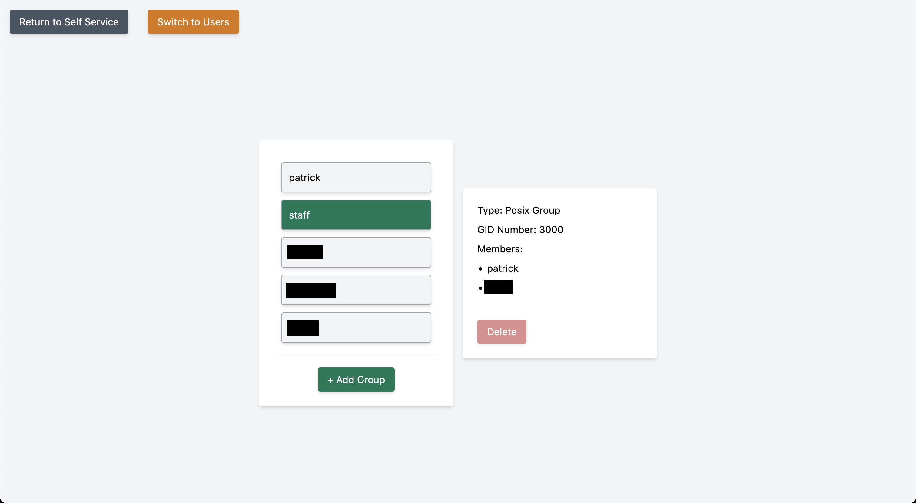 A screenshot of the administration portal, allowing users to be assigned to groups.