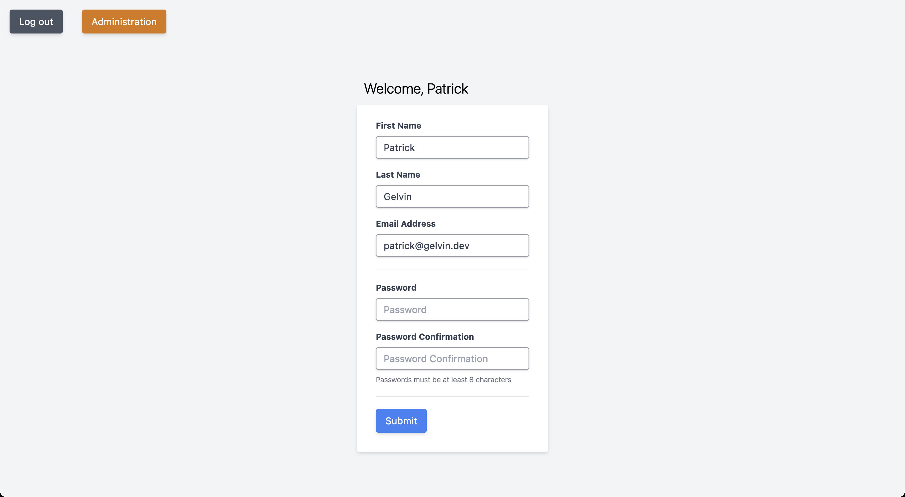 A screenshot of the self service portal, allowing a user to change their name, email, and password.